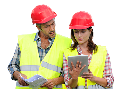 drawing construction people using electronic tablet on-site