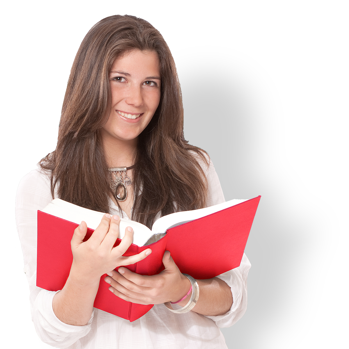 smiling young girl holding an open book