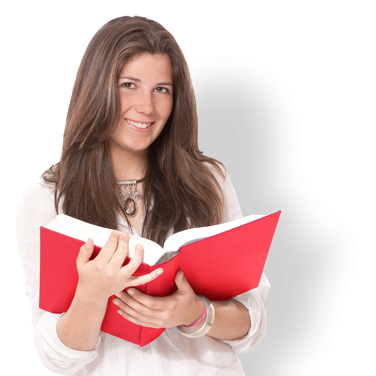 smiling young girl holding an open book