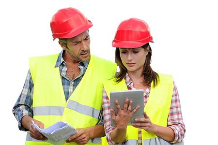 construction people using electronic tablet on-site